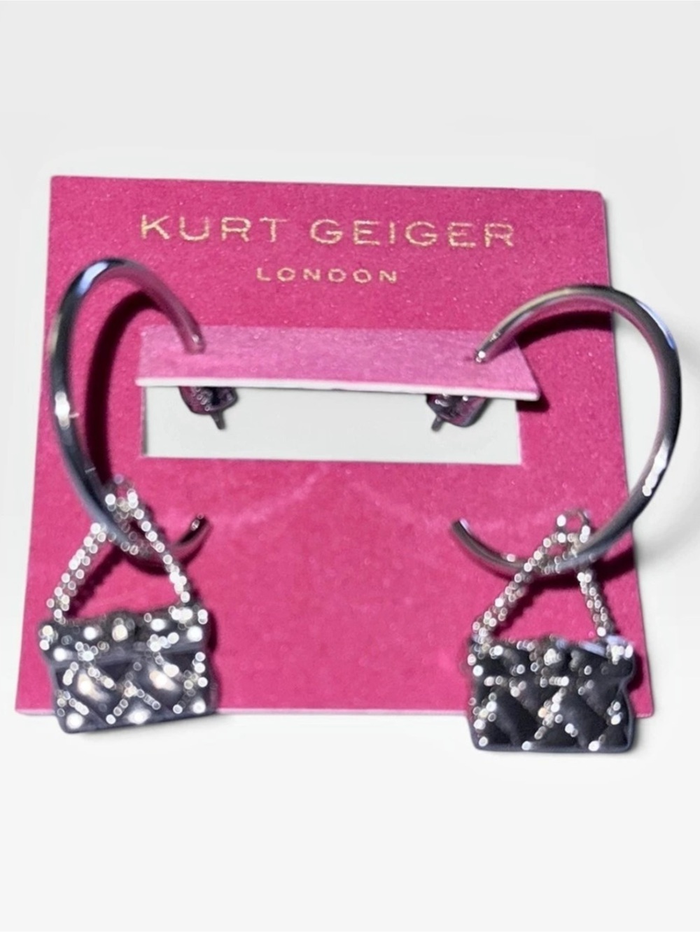 Kurt Geiger NWT Quilt Kensington Bag Drop Hoop Earrings in Silver - Picture 2 of 4